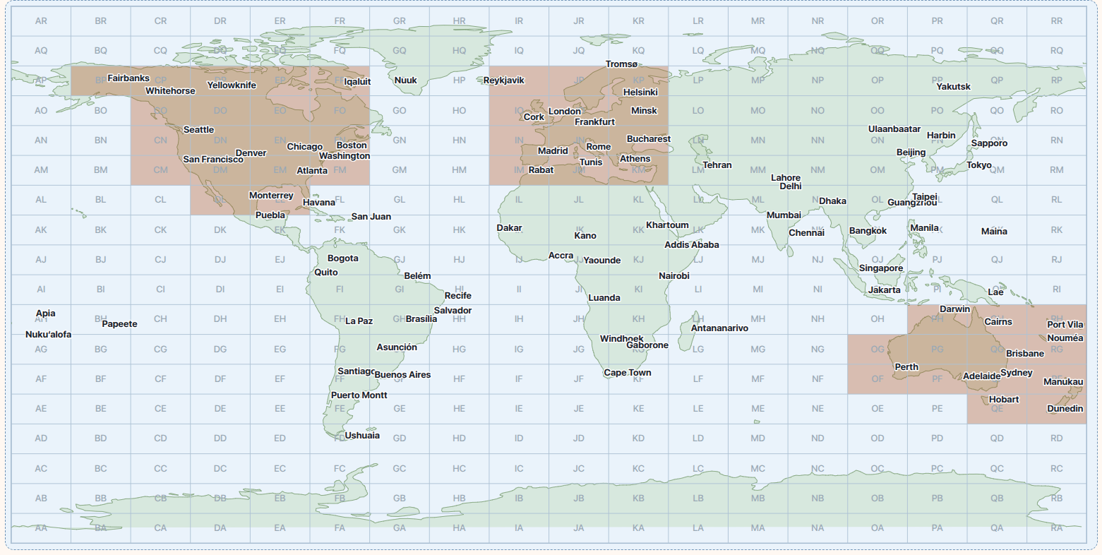 WSPR Matrix map showing Europe, Oceania, North America East, and North America West grid destination areas